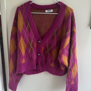Daydreamer Magenta Argyle Button-Up Cardigan with Mustard & Brown Accents